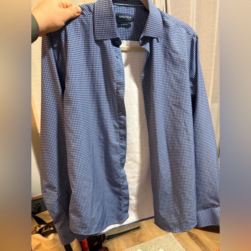 Nautica Navy and White Checkered Slim Fit Shirt